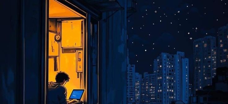 Night cityscape with illuminated window